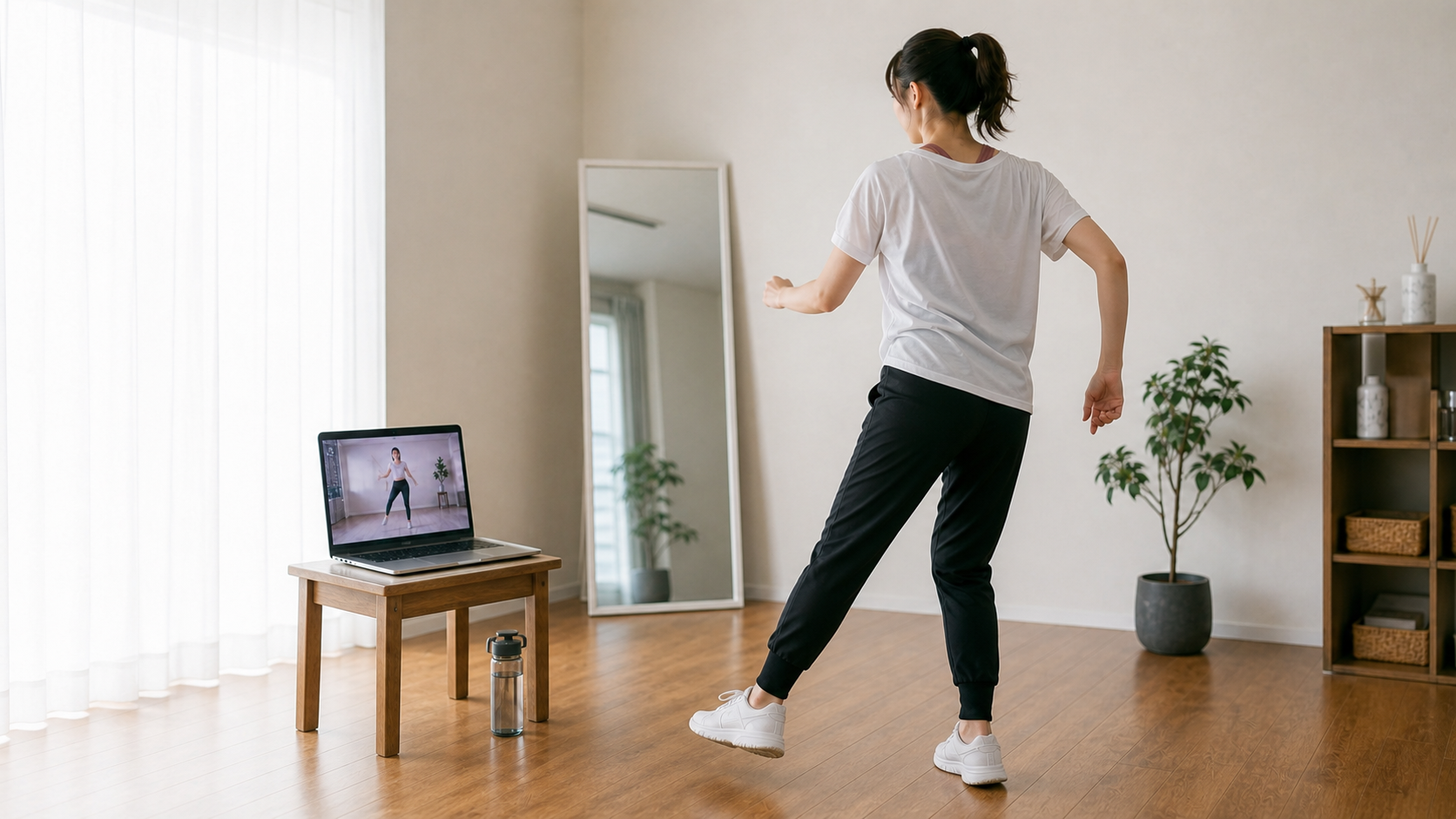 オンラインダンスレッスンの短い動きを見返しながら練習する様子